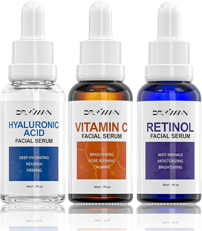 Facial Serum Set for the Look of Aging Skin - Vitamin C, Retinol & Hyaluronic Acid Serum Set for Skin Radiance and Moisture, 1 Fl Oz (Pack of 3)