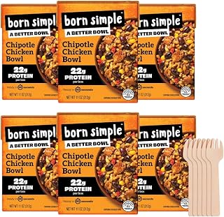 Born Simple Ready to Eat Meals with Sporks, Chipotle Chicken Bowl, Improved Recipe - 22g Protein, Prepared Meal, Microwavable Entree, 11 oz (Pack of 6)