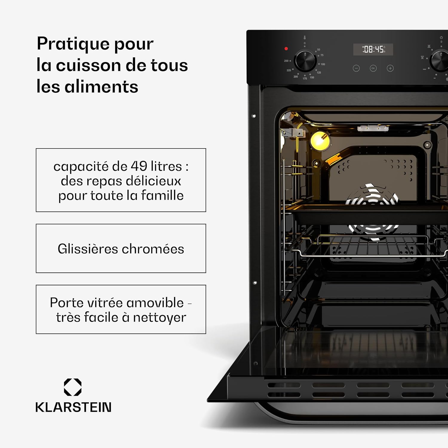 داخلي view of the oven, showing the 49-liter capacity, chrome racks, and removable glass door.