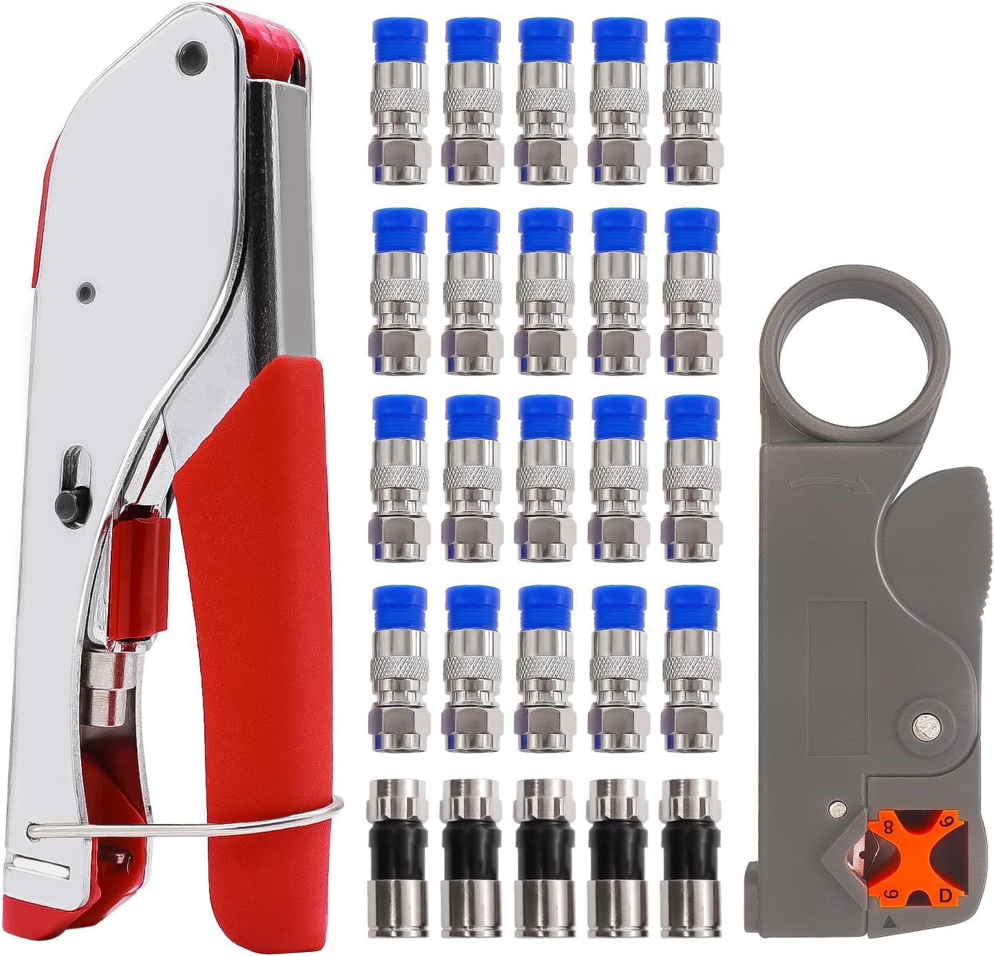 mxuteuk RG59 RG6 Coax Cable Crimper Tool Kit Coaxial Compression Tool Fitting Wire Stripper With 25pcs F Type RG6 Compression Connectors