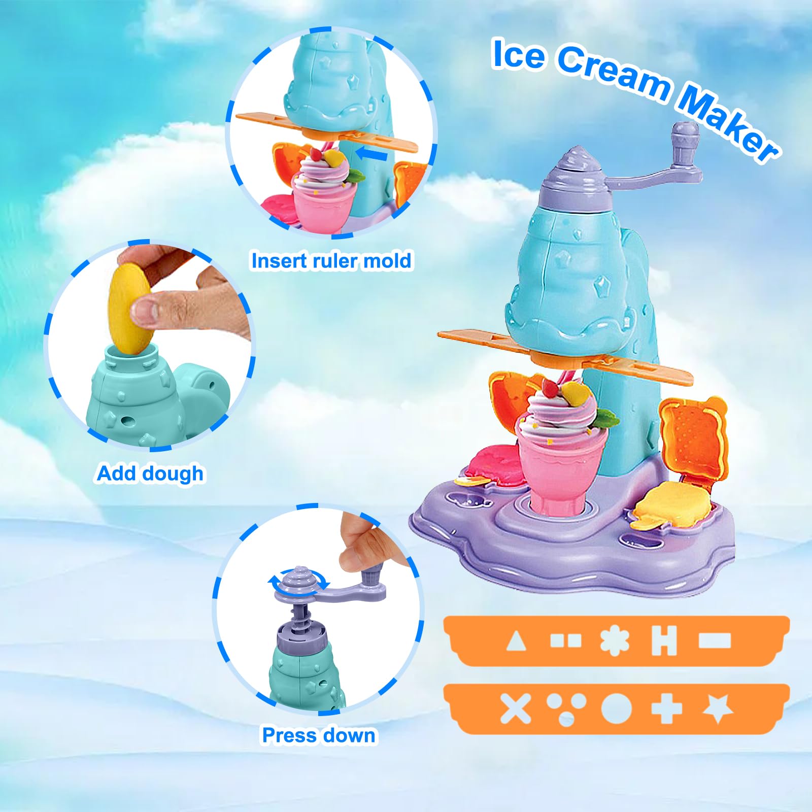 Set di Pasta modellabile Colorata 4 in 1 | Macchina per Fare Hamburger e Noodles al Gelato, kit di Utensili per Plastilina da 24 colori di Pasta