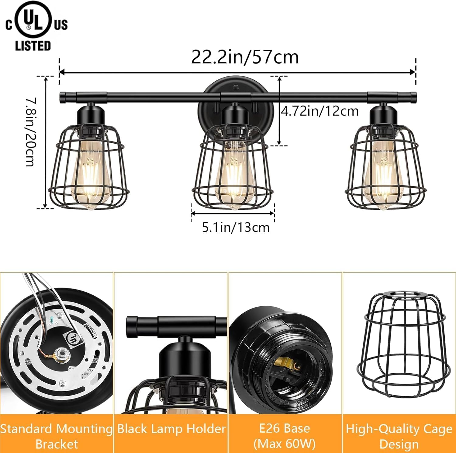3-Light Bathroom Light Fixtures Over Mirror, Matte Black Bathroom Vanity Light with Cage, E26 Base Farmhouse Wall Sconces for Bedroom Cabinets Living Room, UL Listed