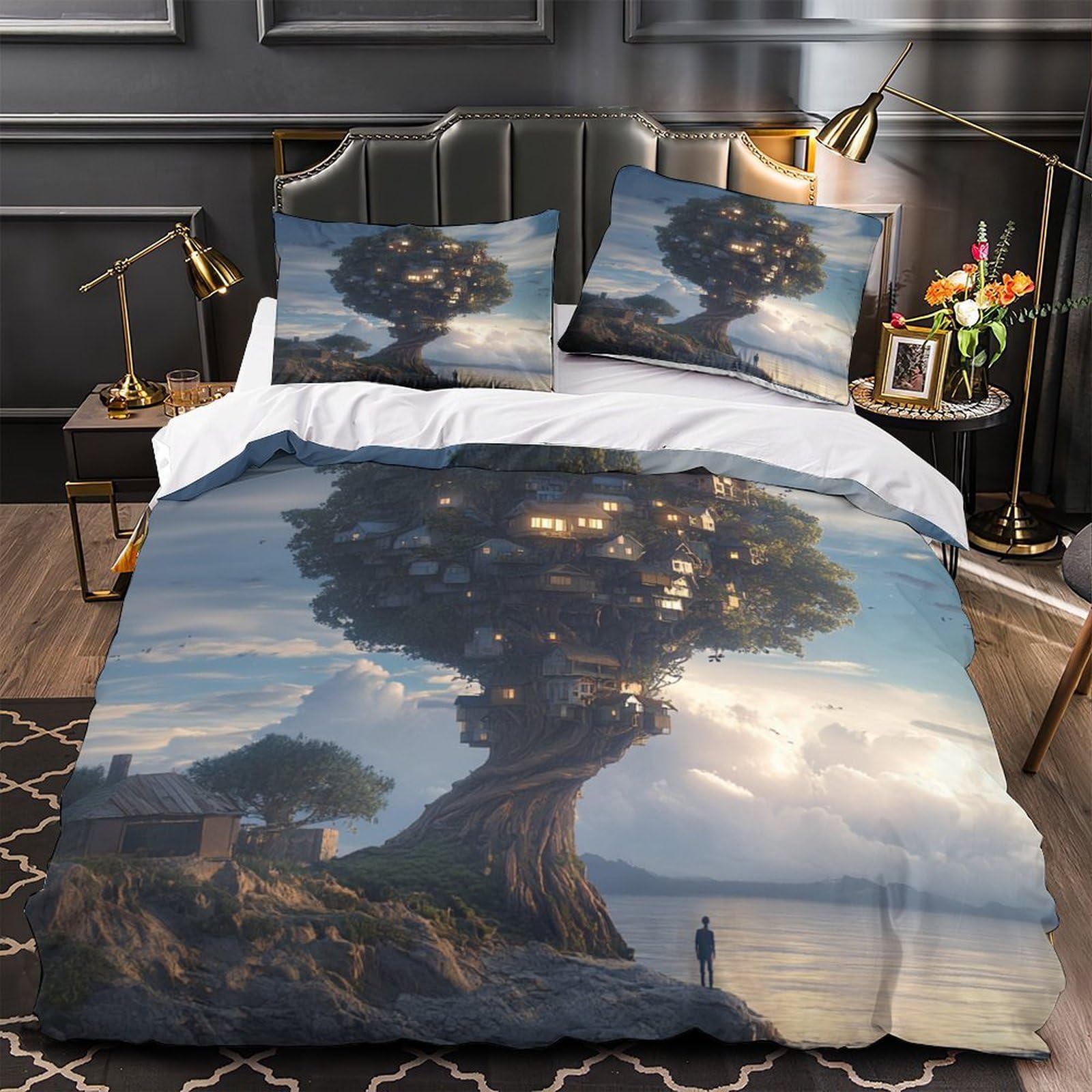 Parure de lit féerique dans les arbres pour une chambre d'adulte king size
