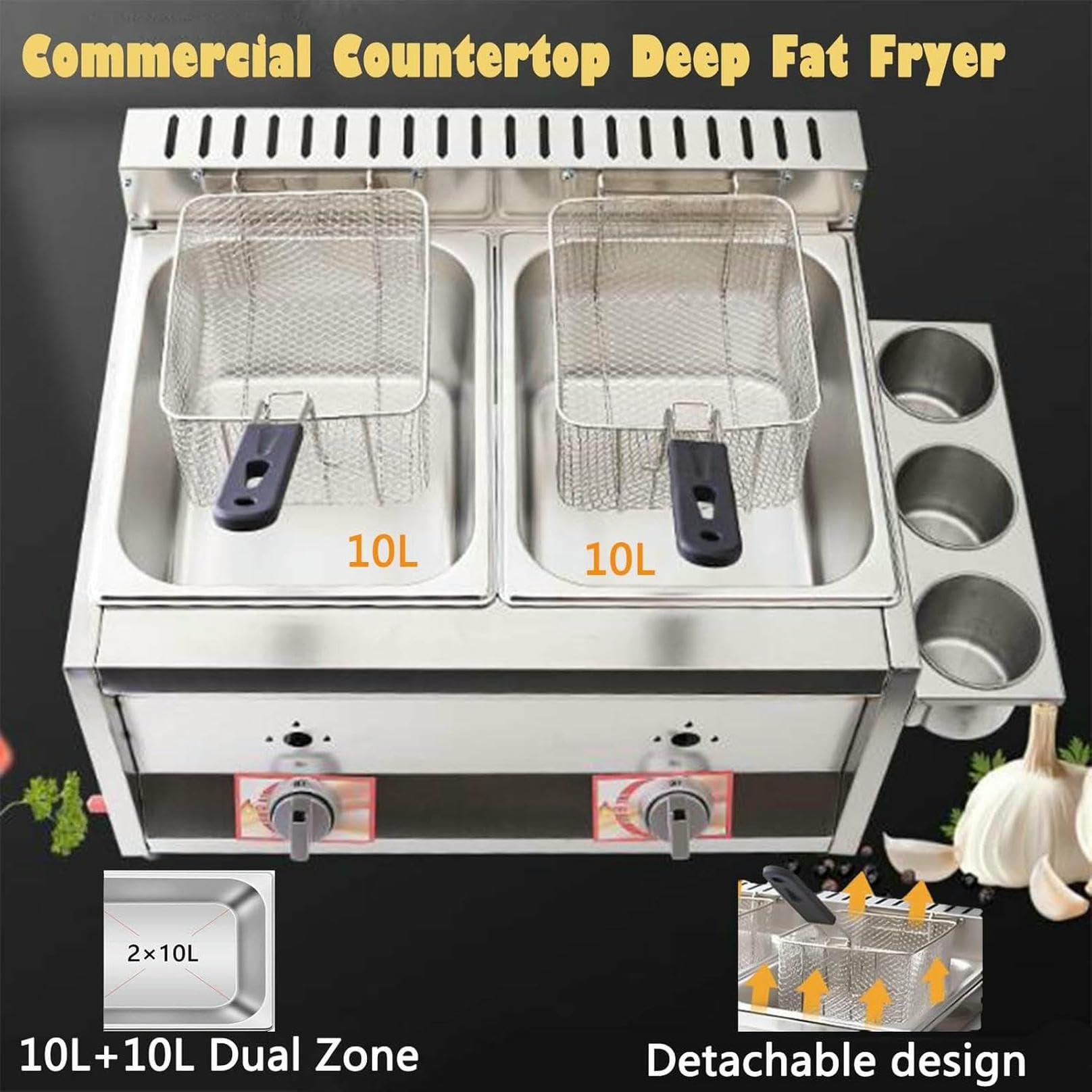 Friggitrice Professionale a Gas in Acciaio Inox con Doppio Serbatoio e Coperchio, capacità 2x10L, per Patatine Fritte, Snack di Carne