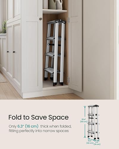 SONGMICS Ladder, 4 Step Ladder, Aluminium Ladder with 4 Non-Slip Steps, Multi-Purpose, Max. Load Capacity 150 kg, Silver Grey and Ink Black GLT014E01 - 6