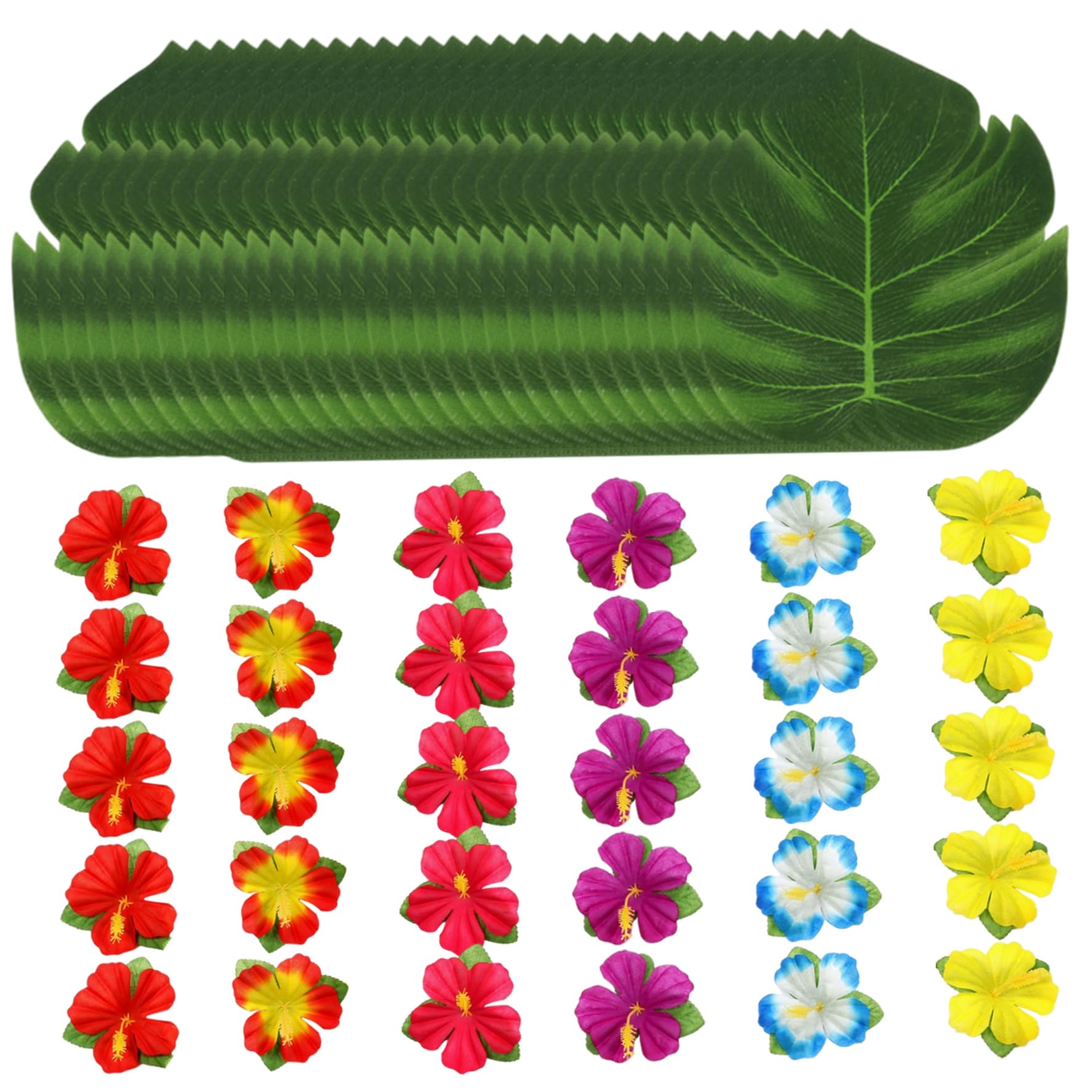 Perodlly Hawaiian Party Decorations, 60PCS Colorful Hibiscus Flowers and 8" Turtle Leaves, Silk Cloth Tropical Party Decorations for Beach Theme Table Decor.