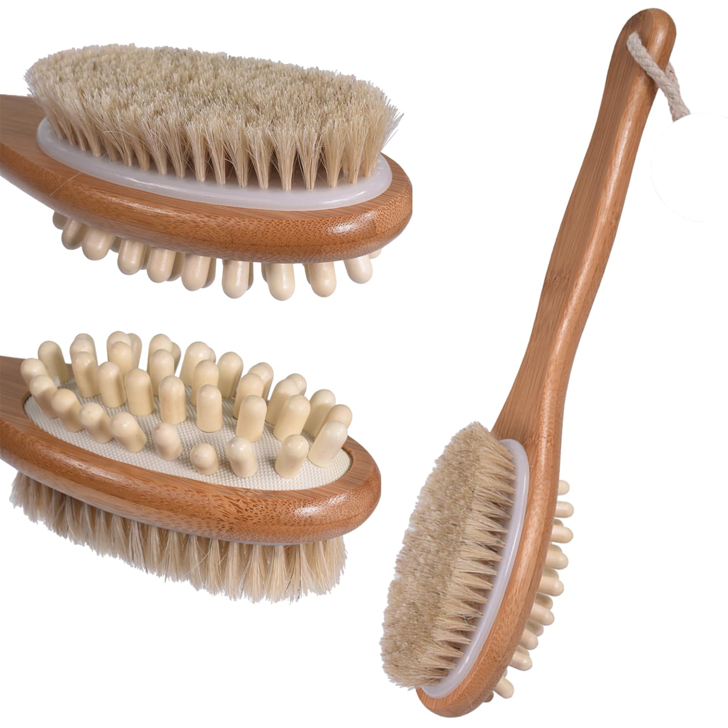 TEMPERIA (1 pcs) 2 In 1 Back Scrubber for Bathing - Dry Brush for Body Cleaning, Bathing & Shower for Women & Men - Bristle Brush with Wooden Handle - Voluminous, Premium and Ergonomic Design (MN01)