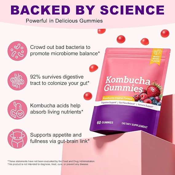 Kombucha Gummies 60 Count, Complex Gummies with Fibre, Slippery Elm & Dandelion Root, Digestive Comfort & Gut Health Supplement