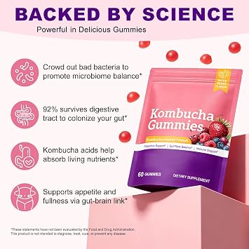 Kombucha Gummies 60 Count, Complex Gummies with Fibre, Slippery Elm & Dandelion Root, Digestive Comfort & Gut Health Supplement