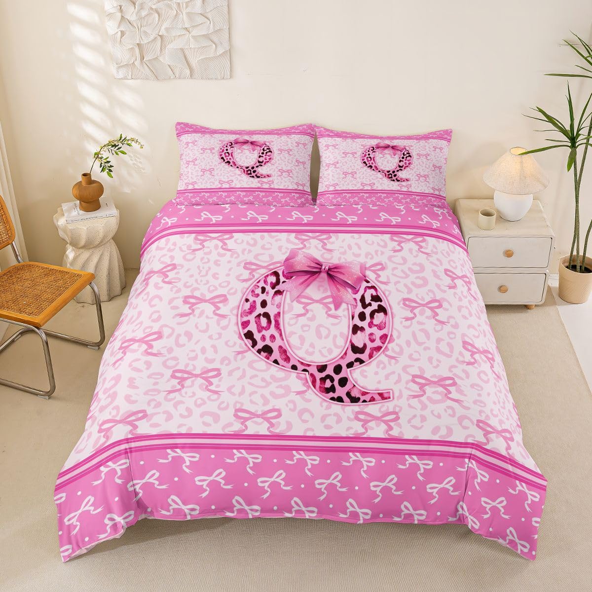 Housse de couette 220x240 rose imprimé léopard nœud papillon avec zip doux