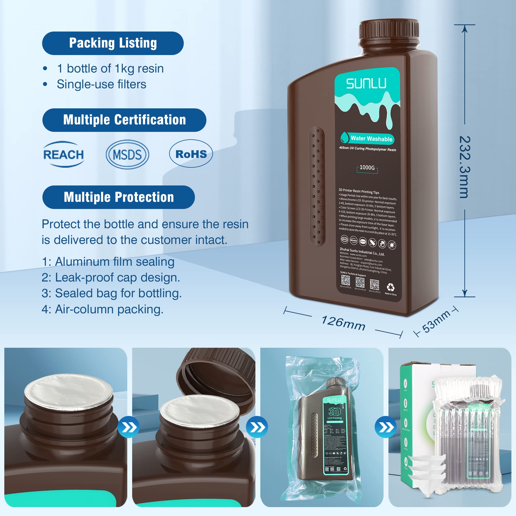 SUNLU Agua Lavable Resina para Impresora 3D, 2kg 405nm UV Curado Rápido Resina 3D para 2K 4K 8K LCD DLP SLA Resina Impresoras 3D, No Requiere Alcohol, Alta Precisión Resina 3D 2000g, Blanco