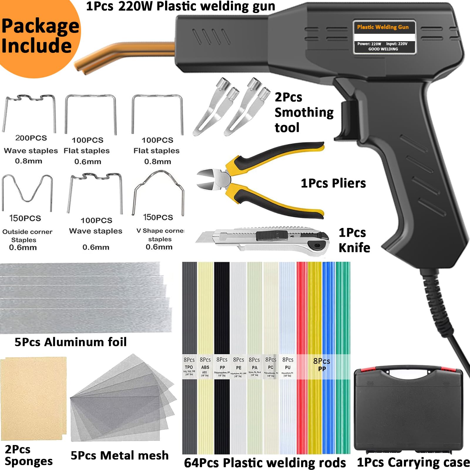 220W Saldatore per Plastica,2 in 1 Saldatrice Plastica con 2Pcs Strumento di Levigatura,800pcs 6 Tipo Graffette,64pcs 7 Tipo Bacchette,Pistola Saldatura Plastica per Riparare Auto Paraurti,Plastica