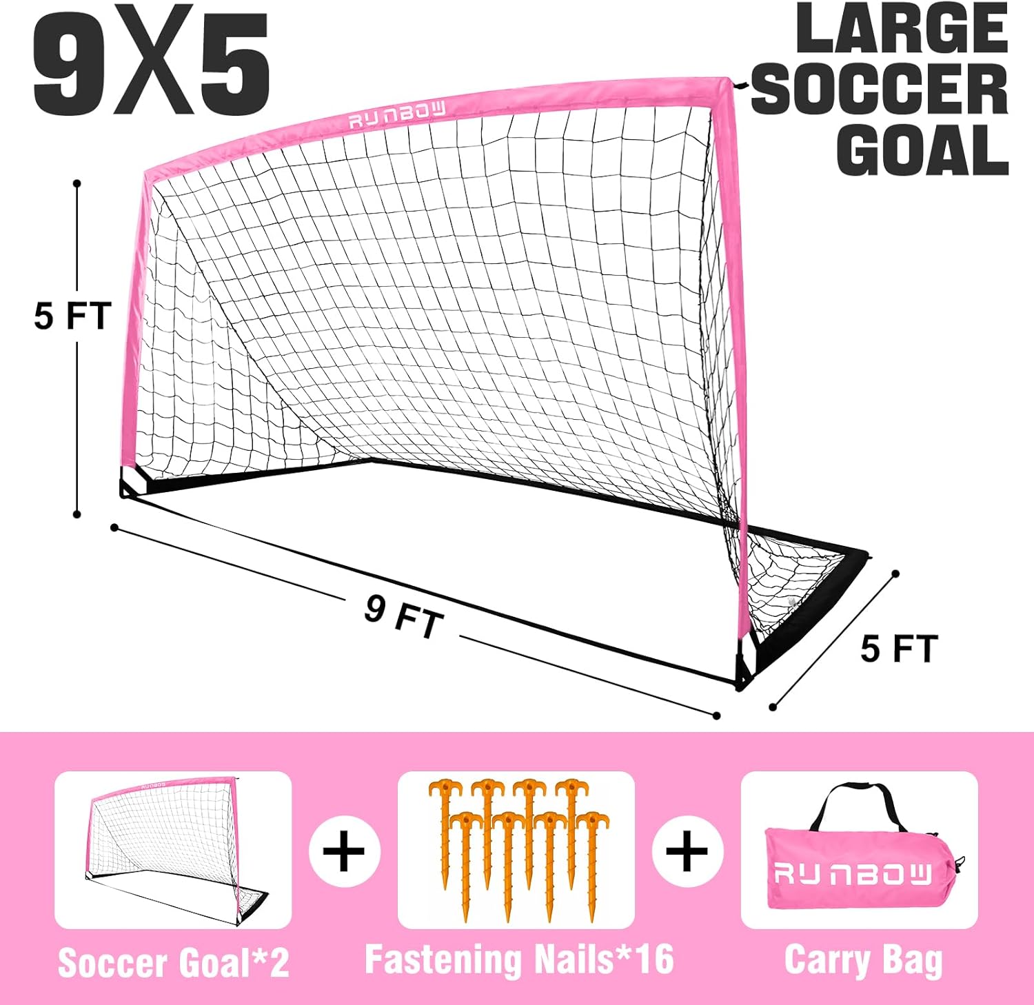 RUNBOW 9x5 FT Kids Soccer Goal with Carry Bag, Portable Folding Soccer Net for Backyard Training, Indoor/Outdoor Use for Youth and Adults