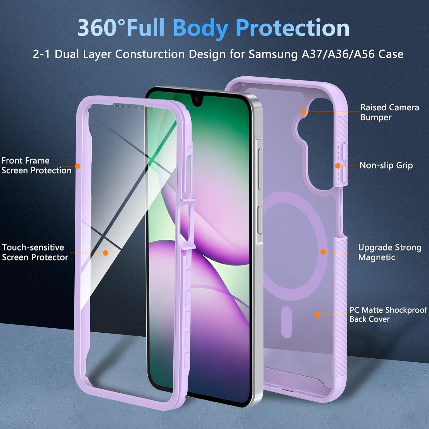  for Samsung Galaxy A17 5G Case Magnetic, [Built-in Screen Protector], Full-Body Military Drop Shockproof Protection Translucent Case for Samsung Galaxy A17/A16/A26, Fit for MagSafe, Purple thumbnail