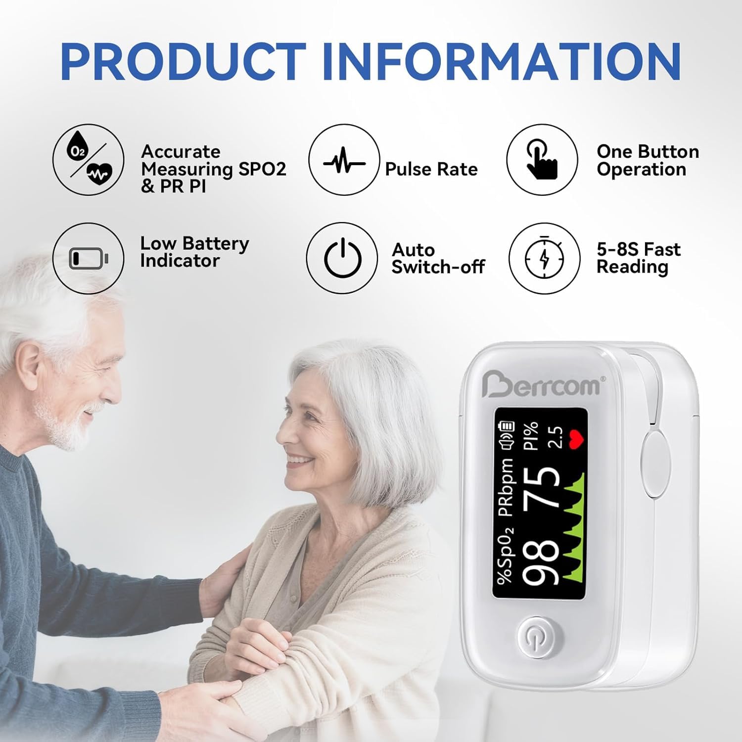 Berrcom Pulsoximeter Blut-Sauerstoff-Sättigung Monitor Finger hohe Genauigkeit Sats Monitor für Erwachsene mit Batterien und Lanyard
