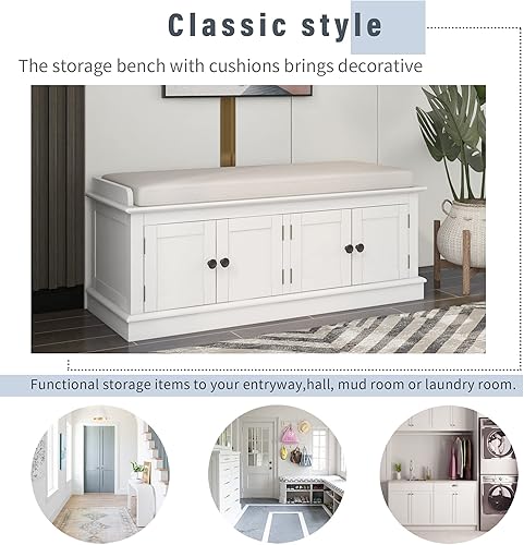 Miniatura 4 de LUMISOL Banco de almacenamiento tapizado con 4 puertas y estantes ajustables, banco de zapatos con cojines extraíbles, otomana de almacenamiento de