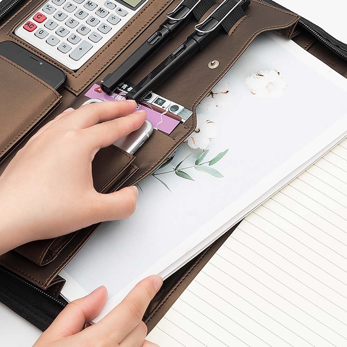 Teczka konferencyjna Organizer na dokumenty， Teczka A4 z schowkiem i miejscem do przechowywania, segregator z kalkulatorem, zamykany na suwak, na CV(Blauw,12digit solar calculator)