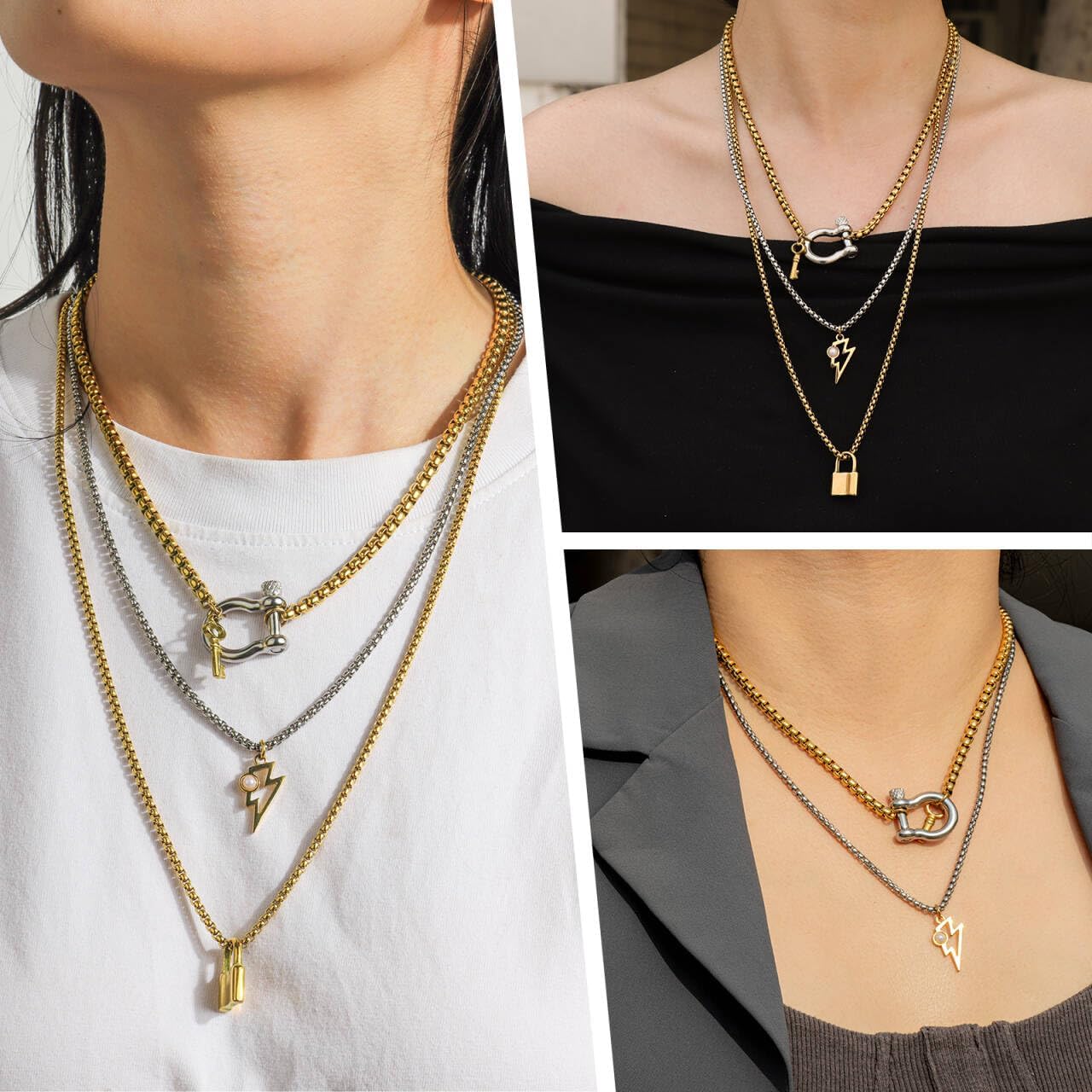 Layered Necklaces for Women 4 Set,18K Gold Plated Stainless Steel Cuban Chain Tennis Necklace for Women CZ Chunky Two Tone Necklace Stacked Chain Trendy Statement Jewelry Gift