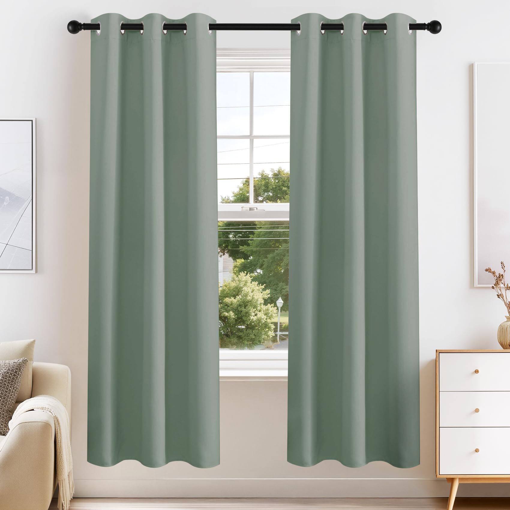 PONY DANCE Sage Green Blackout Curtains for Bedroom 63 Inch Length 2 Pcs