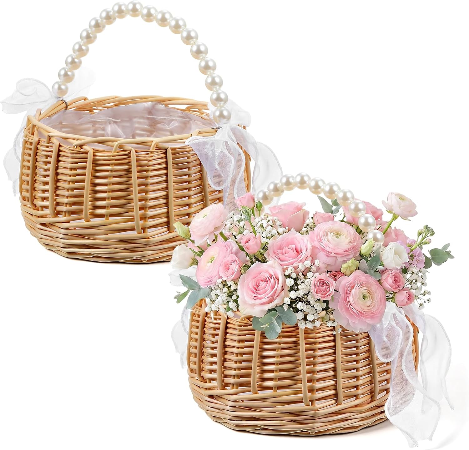 2 Pcs Wicker Rattan Flower Girl Basket for Wedding, Pearl Handle and Bow Decor, Wedding Flower Girl Basket with Fairy Touch, 5.9 x 3.7 Inches