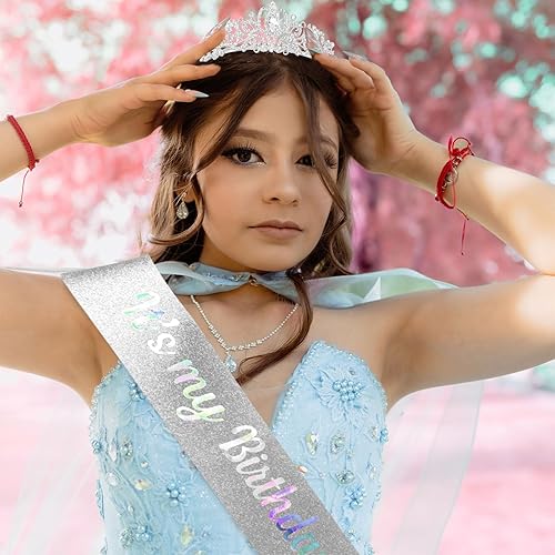 Miniatura 4 de YISSION Corona de tiara de princesa plateada para mujeres y niñas, corona de reina y banda de feliz cumpleaños, tiaras y coronas de cumpleaños para