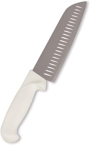 Crestware Cuchillo Santoku Granton de 7 pulgadas, acero alemán de alto carbono con mango blanco, paquete de 12