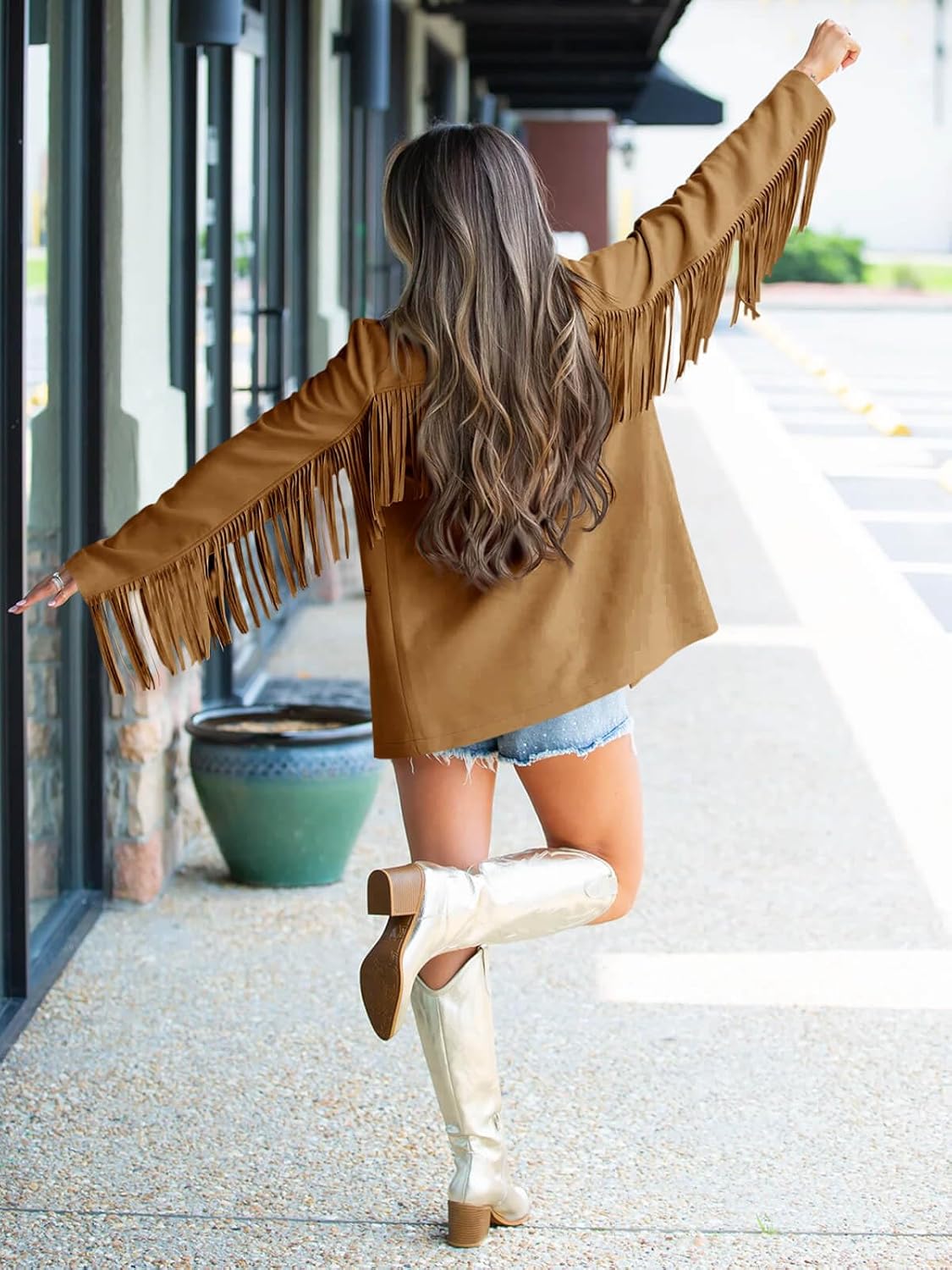 Cicy Bell Womens Faux Suede Fringe Jacket Casual Blazer Long Sleeve Lapel Button Front Suit Jackets - Image 5