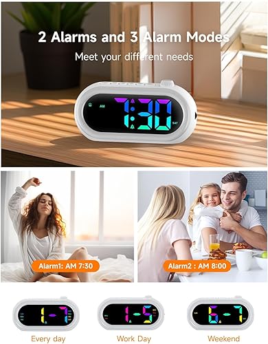 Miniatura 5 de Reloj despertador digital para dormitorios con luz de despertador, colorido reloj de noche alimentado con luz nocturna, alarma dual, 100 dB súper