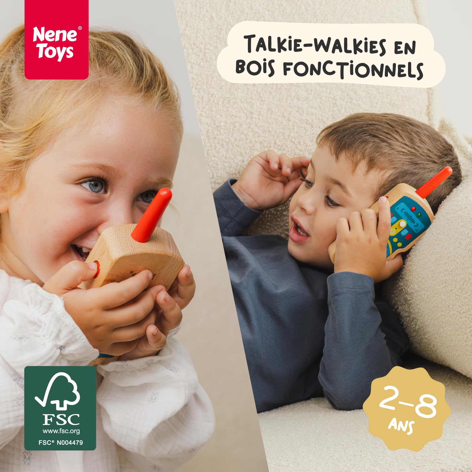 Nene Toys Talkie-Walkies en Bois pour Enfants – Vrais 2-Voies, portée 500 m – Push-to-Talk, Un Seul Canal – Hêtre FSC®, sûr & Durable – Jeu intérieur/extérieur – Cadeau 2–8 Ans