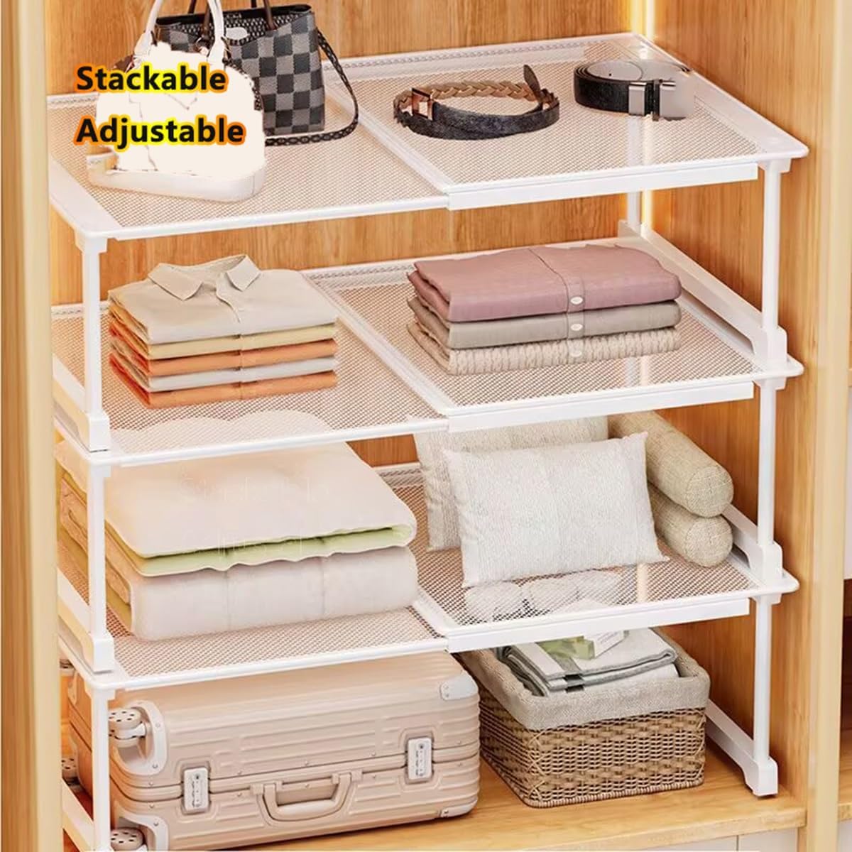 Expandable Closet Cupboard Storage Solution Adjustable Retractable Shelf Organiser Rack Stackable Separator for Kitchen, Bedroom, Bathroom(52-86 * 24 * 25-35cm)