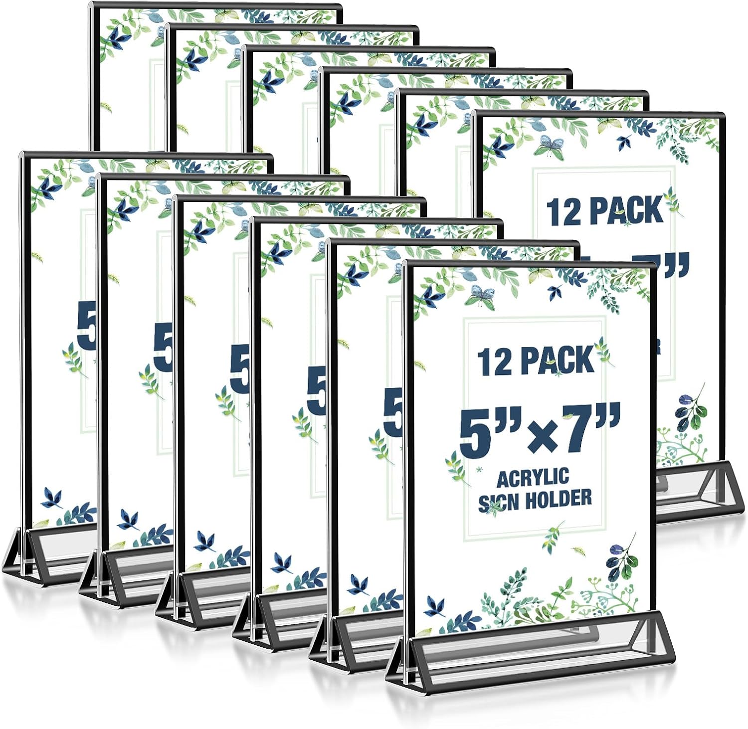 Acrylic Black Sign Holders 5x7, 12 Pack Wedding Black Table Number Holders, Double Sided Photo Display Picture Frame Paper Stand, Clear Flyer Stand Menu Holder for Wedding, Home, Party, Restaurant