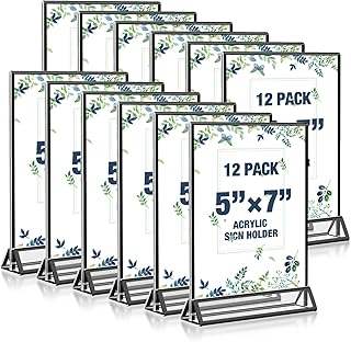 Acrylic Black Sign Holders 5x7, 12 Pack Wedding Black Table Number Holders, Double Sided Photo Display Picture Frame Paper Stand, Clear Flyer Stand Menu Holder for Wedding, Home, Party, Restaurant