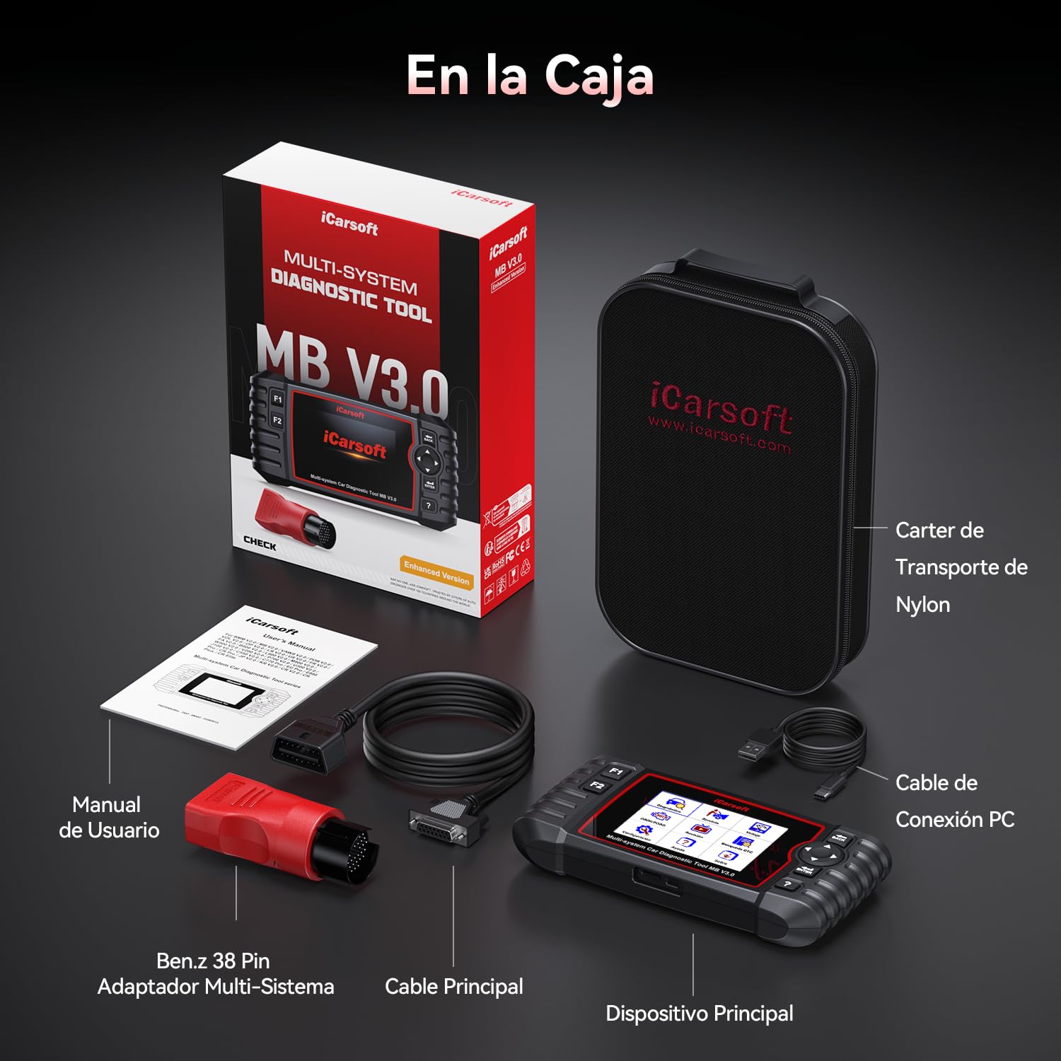 iCarsoft MB V3.0 OBD2 Máquina Diagnosis Coche para Ben.z/Sprinter/Smart, Escáner de Todo el Sistema, 35 Funciones Reinicio, Prueba Bidireccional, Vin Automático, con Adaptador Ben.z 38 Pines