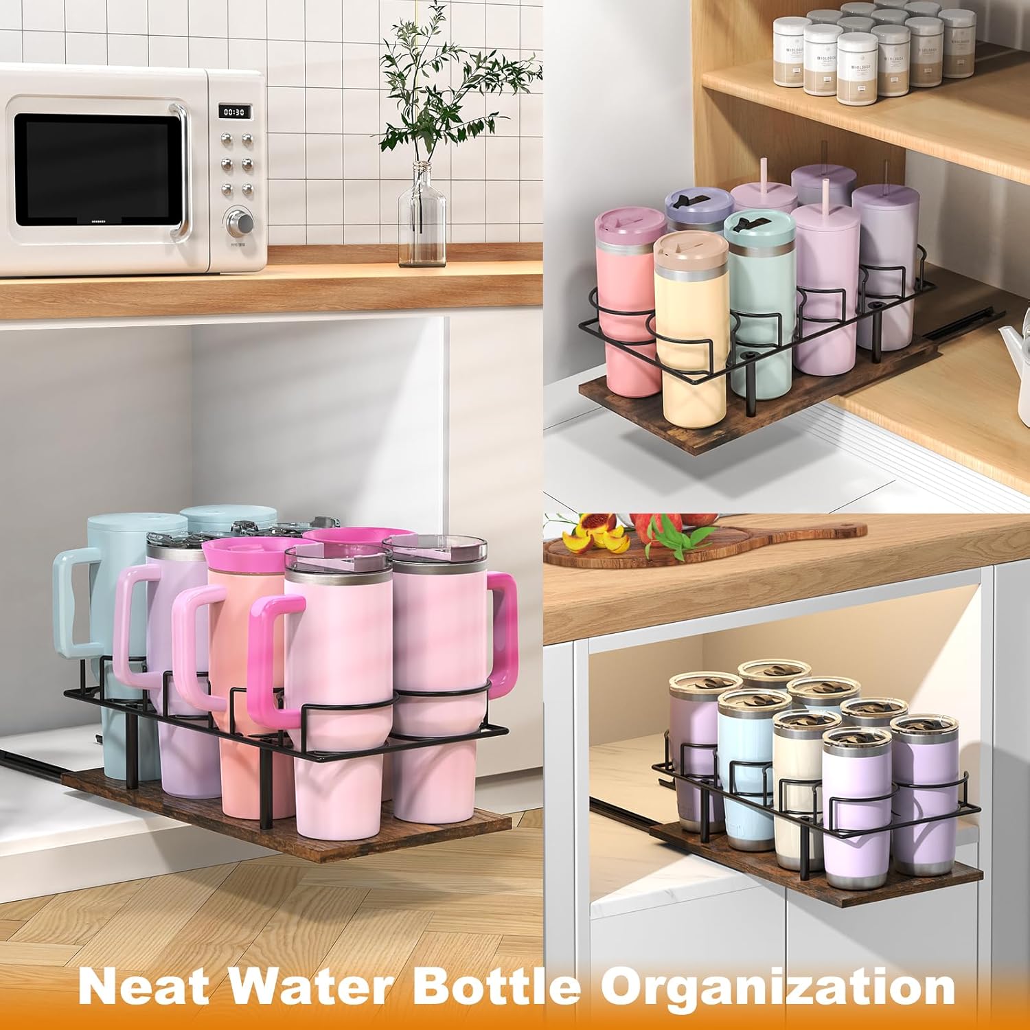 Housolution Pull Out Water Bottle Organizer for Cabinet, Slide Out Tumbler Storage Organizer for 10 to 40 oz Cups, Sliding Cup Holder Rack Compatible with Stanley, Owala and Other Brands (Patented) - Image 2