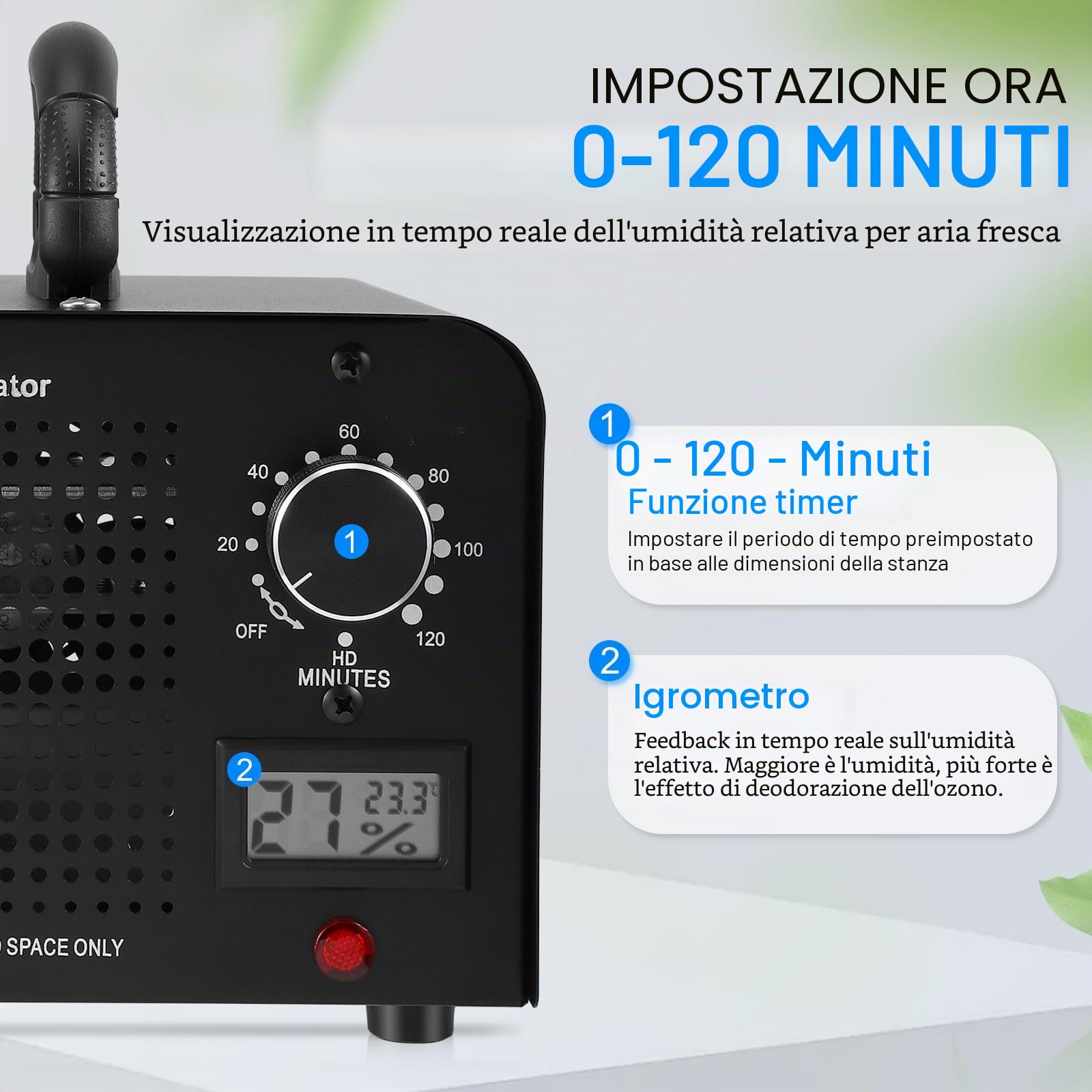 Generatore di Ozono 60000mg/h, Purificatore d'Aria Ozono per 300㎡, Macchina Ozono Alta Capacità O3 con Timer 120 Min, display di temperatura e umidità, Ozonizzatore per Casa Ambienti, Auto, Uffici