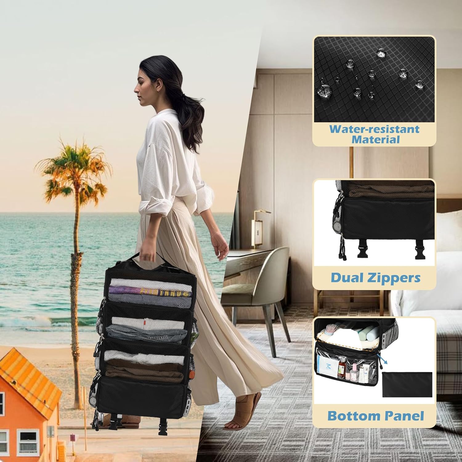 Surblue Travel Hanging Packing Cubes with 2 Hooks Hanging Shelves for Luggage Organizers Portable Compression 4 Shelf Closet Carry-on Suitcases Organizers, Medium, Black - Image 4