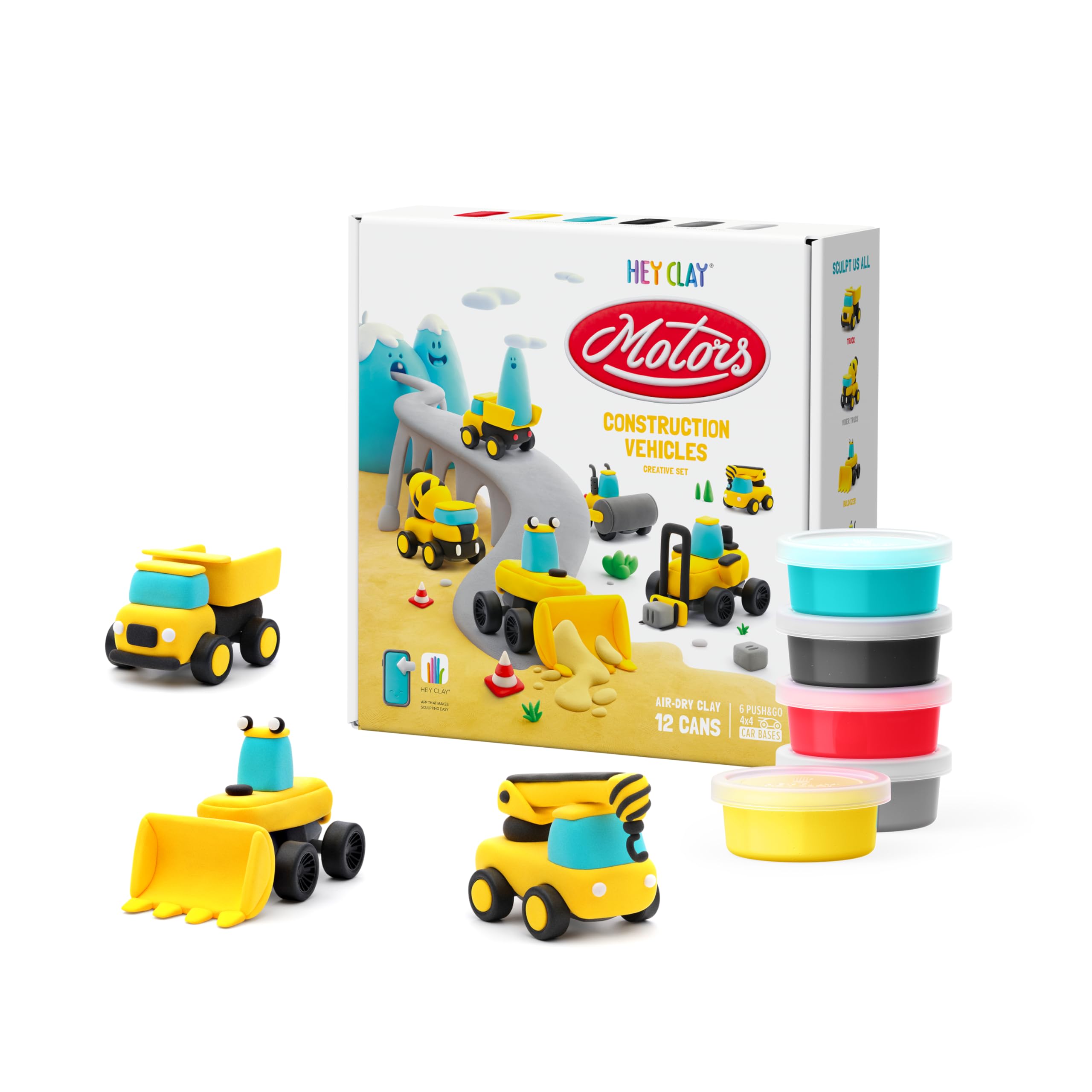– Hey Clay - CONSTRUCTION VEHICLES Colourful modelling air-dry clay, 12 cans with fun interactive app for kids 3 years +