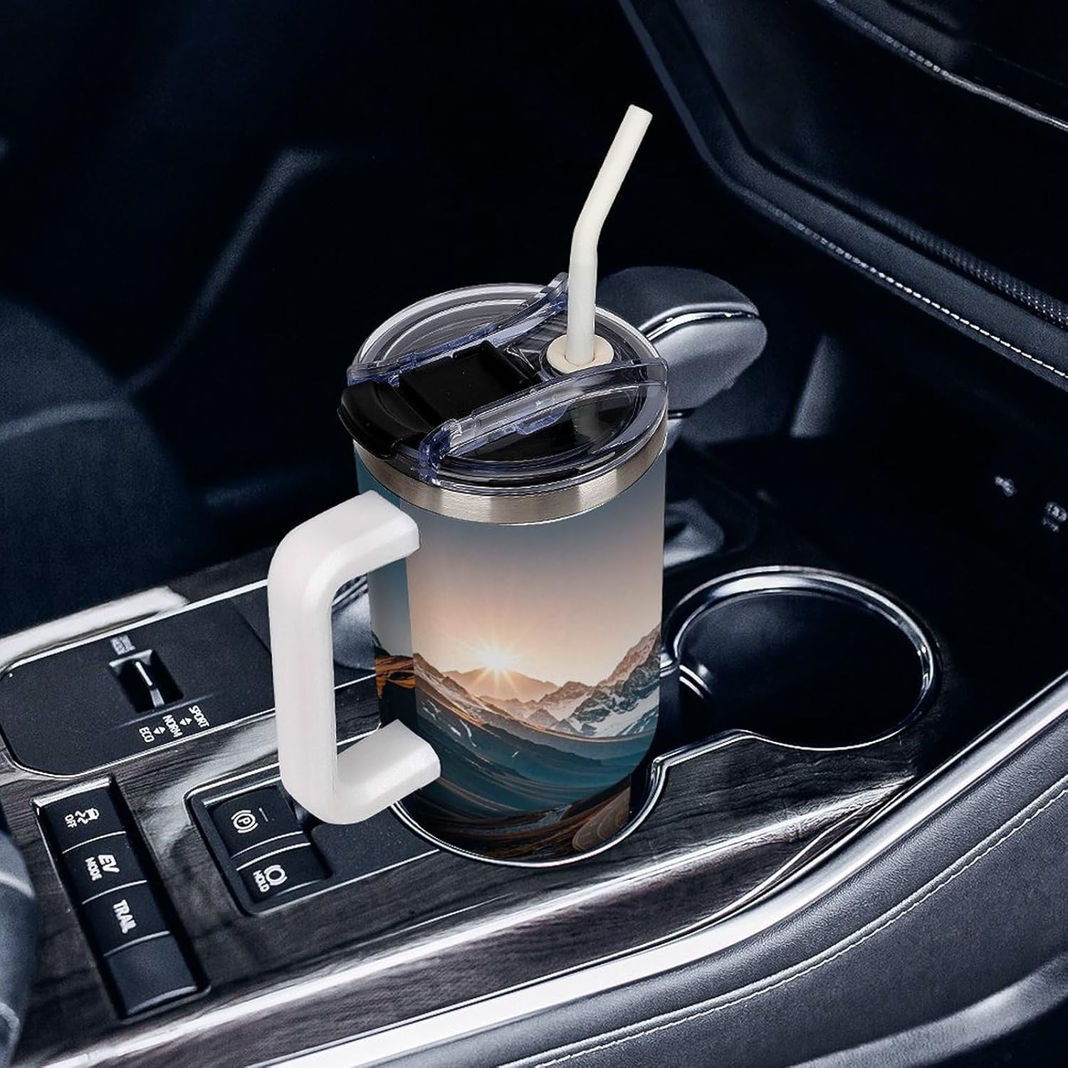 Mountain Compass Travel Coffee Mug Reusable Durable Stainless Steel Insulated Tumbler with Handle And Straw Leak Resistant Portable Thermal Cup Gifts for Men Women 40 Oz