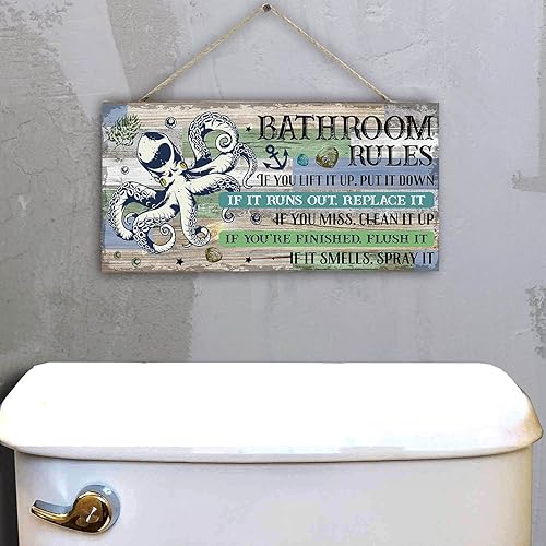 Miniatura 3 de Divertidas reglas de baño, divertido diseño de tablones de madera para colgar en la pared, letrero decorativo para baño de invitados, HW16