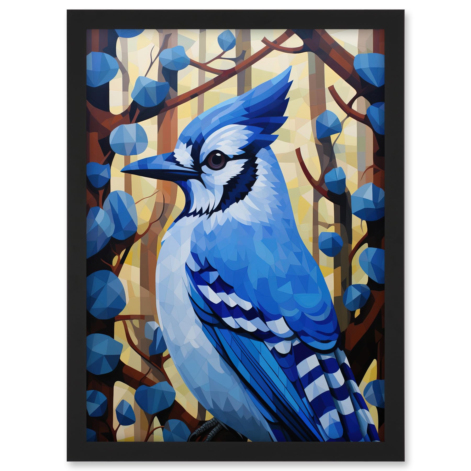 Artery8 Blue Jay Geometric Artwork Wild Bird Perched on Tree Polygonal Forest Landscape Artwork Framed A3 Wall Art Print