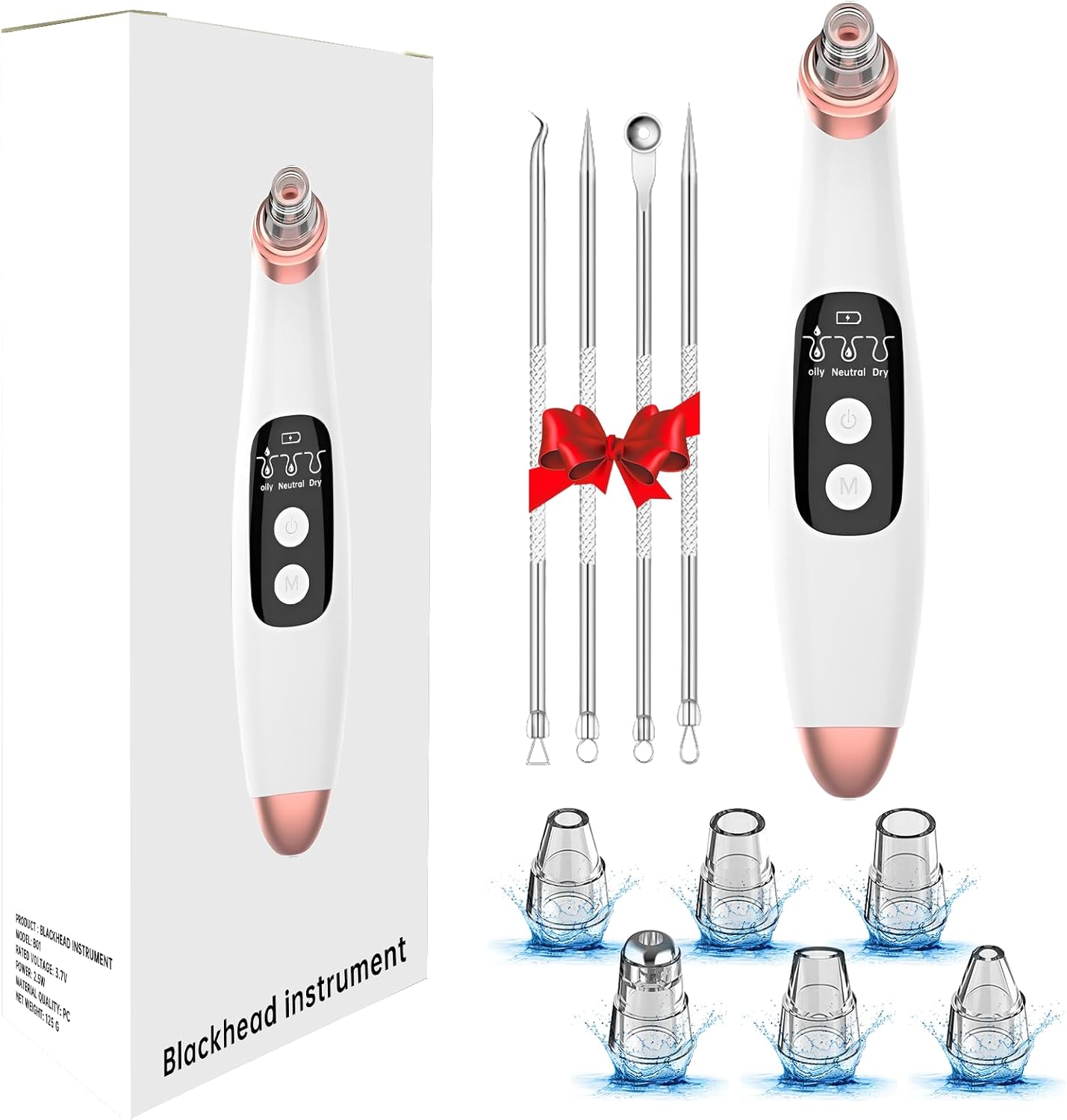 Poriënreiniger, mee-eterverwijderaar, poriënreiniger, vacuüm-zuiger, USB-opladen, acneverwijderaar, 3 modi en 6 verwisselbare zuigtips voor vrouwen en mannen