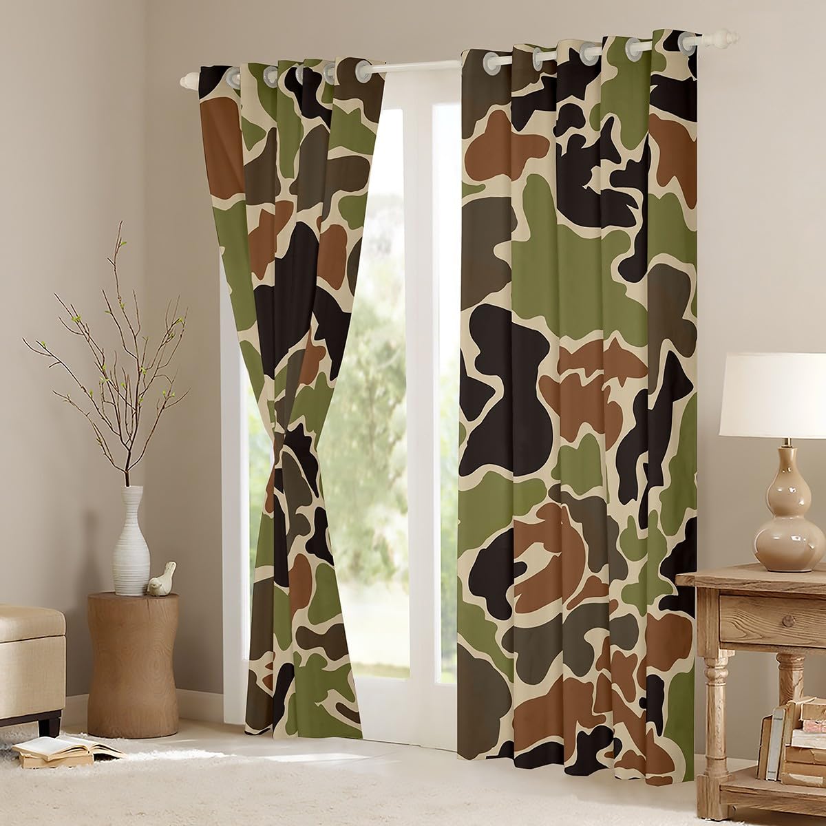 Loussiesd Tenda per finestra, motivo mimetico, 116 x 182 cm (larghezza x lunghezza), per bambini, a tema caccia di pesci, per ragazzi, ragazze, adolescenti, verde, marrone, nero, traspirante, morbida