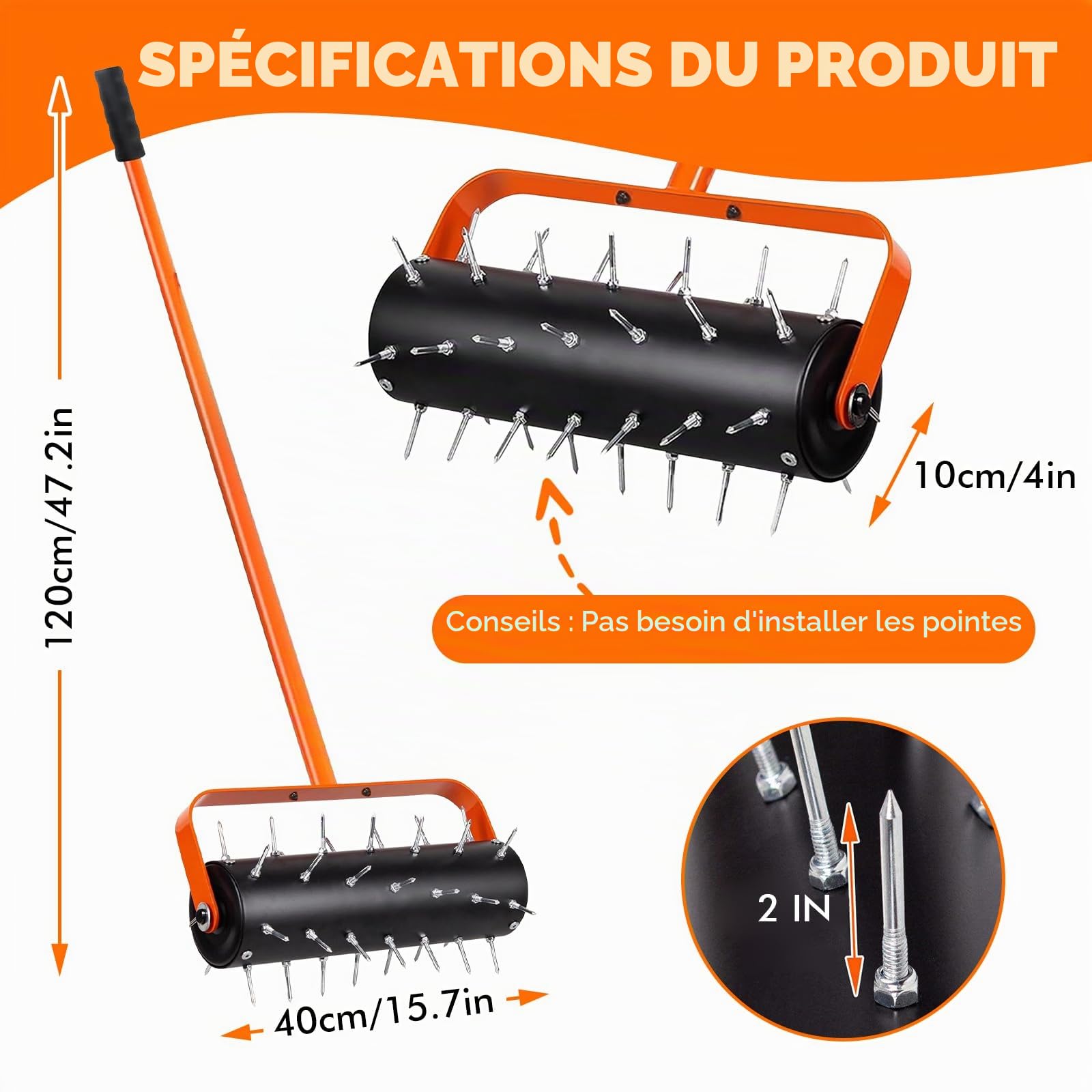 LIROPAU Rouleau Aérateur Gazon, Scarificateur Gazon Manuel, avec 42 Clous de 5 cm et Protection Anti-éclaboussures, Rouleau Aérateur Gazon de Pelouse en Métal pour Pelouse, Jardin, Cour, 120 x 40 cm