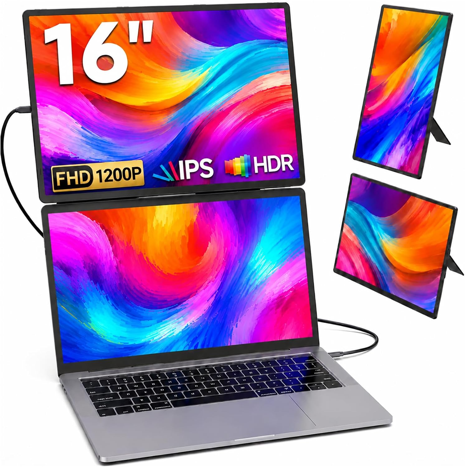 16" Laptop Screen Extender, 1200P FHD Portable Monitor for Laptop, 360° Rotating, Plug & Play, Detachable Stand, Height Adjustable for 13-17" Laptops, Travel Screen compatible with Mac/Windows/Chrome