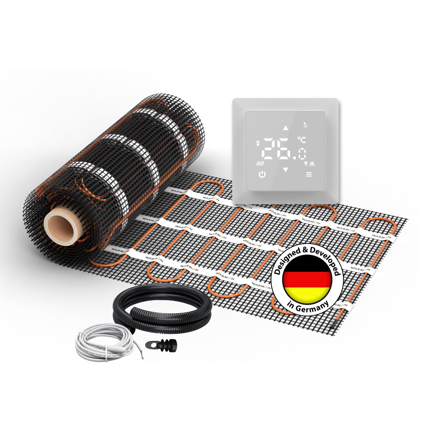 Elektrische Fußbodenheizung für Fliesen: Zweiader-Heizmatte WARMON CLASSIC 150 W/m² mit Thermostat TS 100 Serie Smart WiFi Touch, Thermostat:TS100 WiFi Weiß, Mattengröße:6 m²