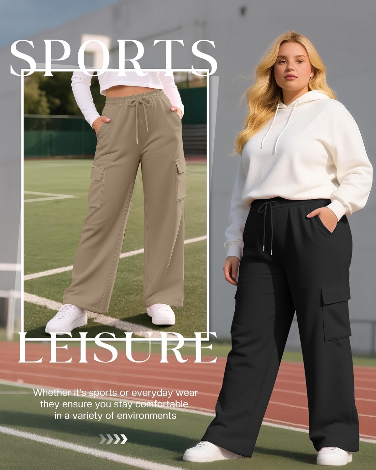 Neer 3 Pack Women's Plus Size Cargo Sweatpants Wide Leg Drawstring Bottom Pants Baggy Loose Casual Athletic Trousers - Image 4