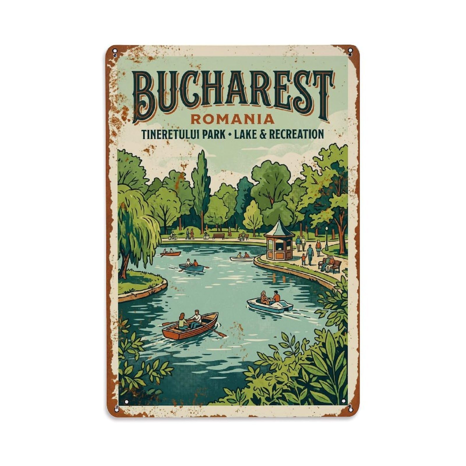 Vintage Travel Bucharest Tineretului Park Lake Romania Metal Tin Sign Plaque Wall Decor for Cafe, Club Bar, Office, Home Garden Metal Poster 8x12Inch