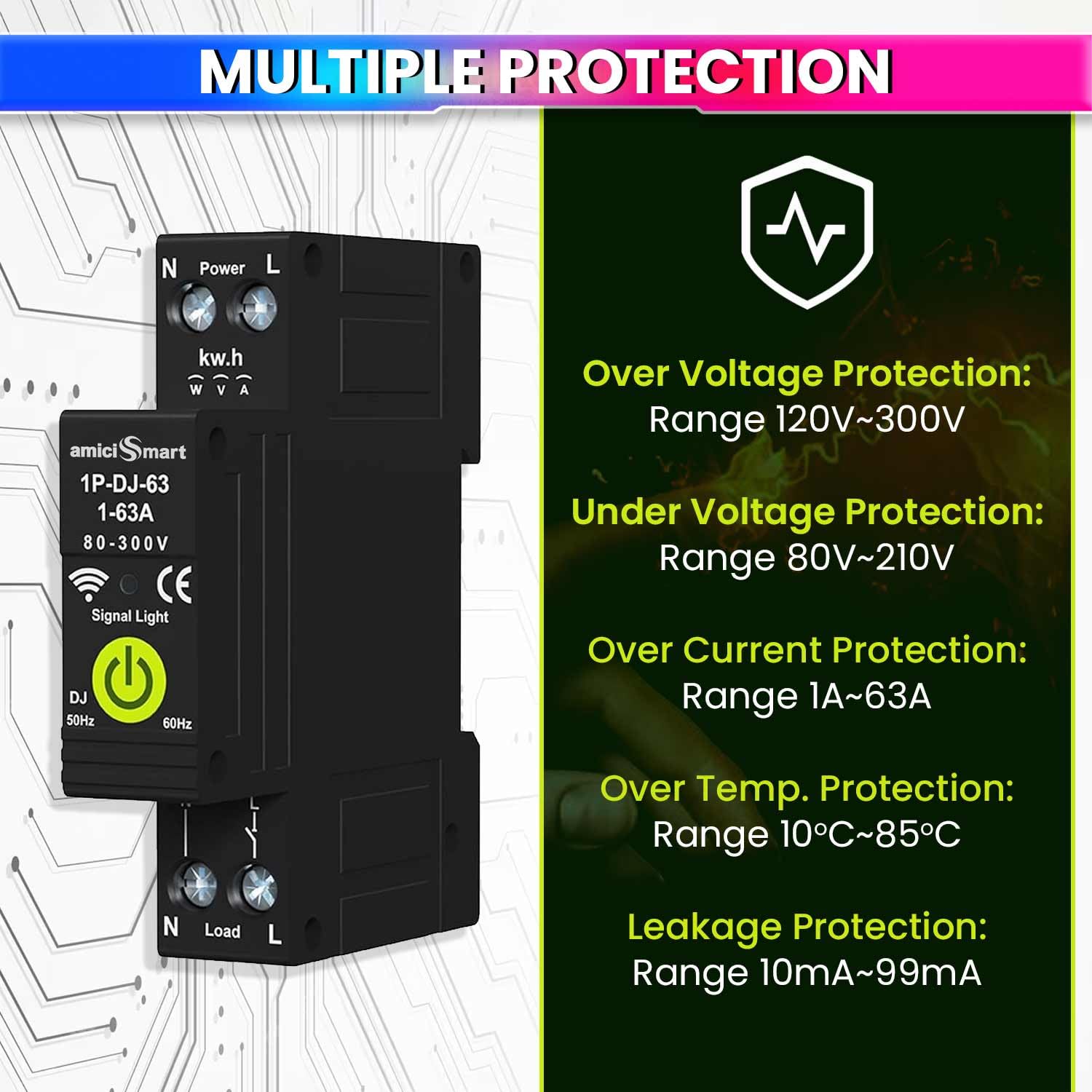 amiciSmart WiFi Bidirectional Energy Meter with Timer Switch | Over/Under Voltage and Over Current Protection Device with Over Temperature and Leakage Protection, Single Phase, 220VAC — Amazon image 6