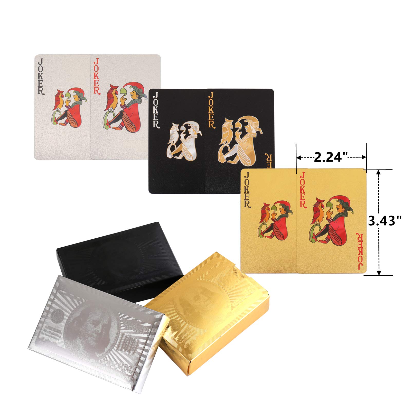 Yopay 6 Decks of Playing Cards, Luxury 24K Foil Waterproof Cards, Plastic Novelty Family Card Game Tools with 100 Dollar Pattern for Gift Travel Classic Party Game (2 Golden, 2 Silver, 2 Black) - Image 2