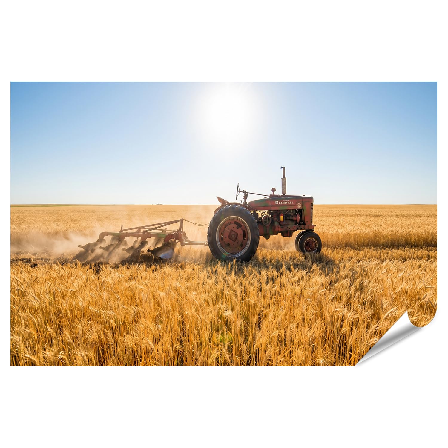 islandburner Póster premium con tractor nostálgico en campo de trigo, mural para comedor para amantes de la vida en el campo - gran formato
